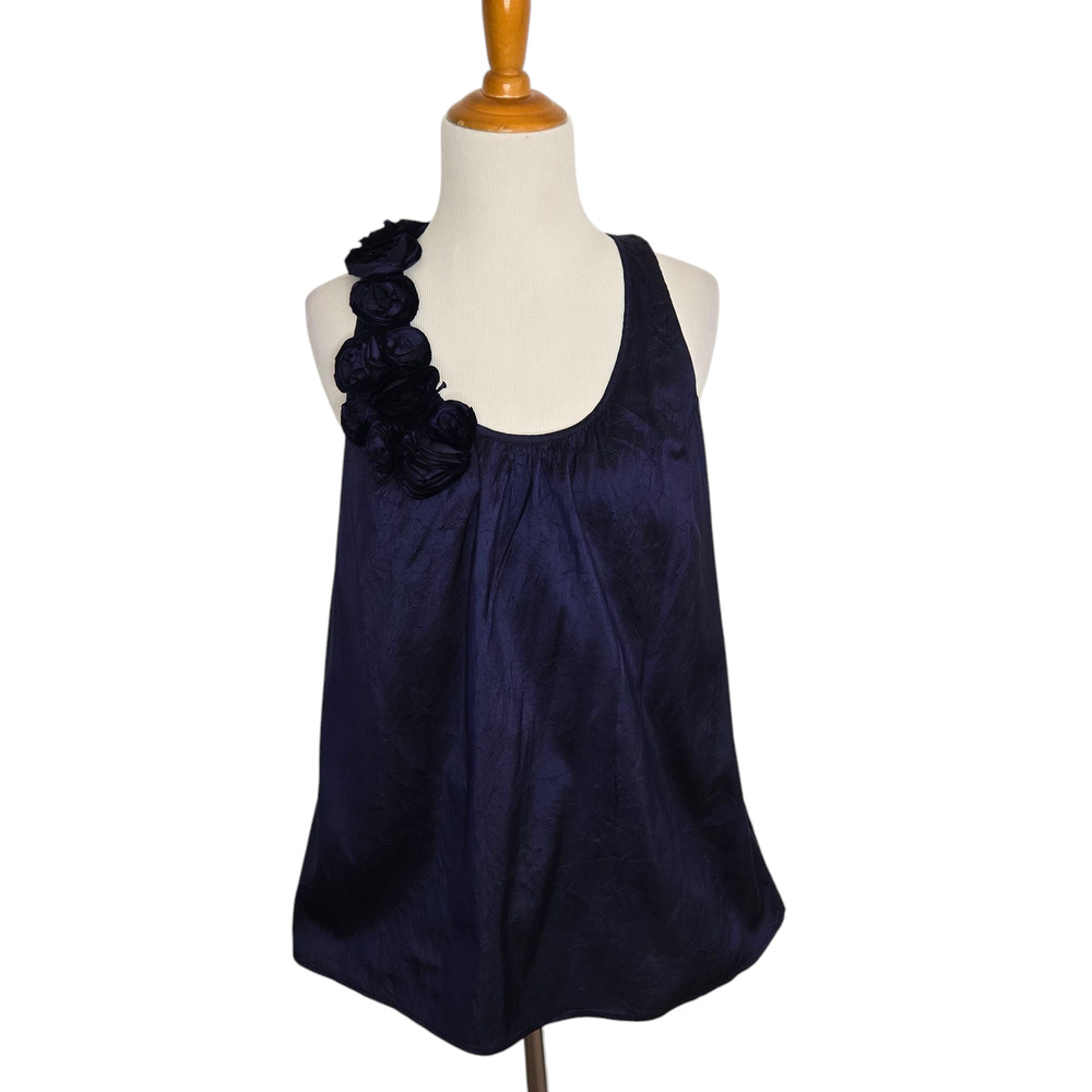 Calypso St. Barth Silk Sleeveless Tank Rosette Navy Swing Dark Romantic Women XS